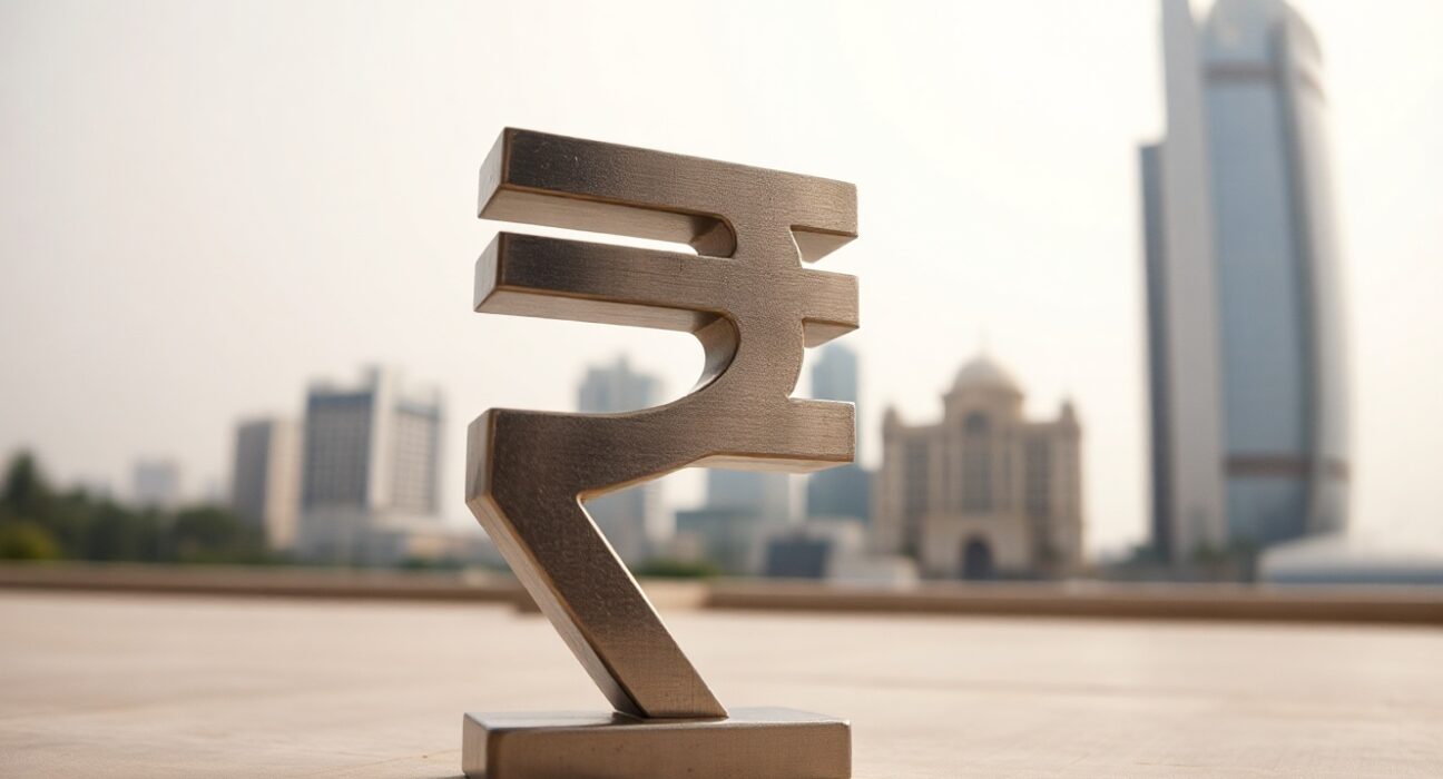 Indian Rupee symbol in foreground with financial district skyline in background