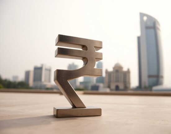 Indian Rupee symbol in foreground with financial district skyline in background