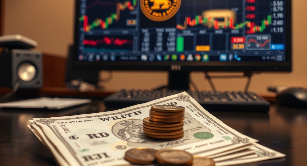Indian rupee notes and coins on a desk with financial charts in background