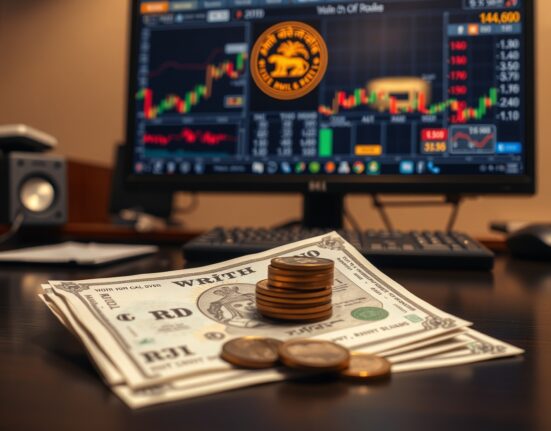 Indian rupee notes and coins on a desk with financial charts in background