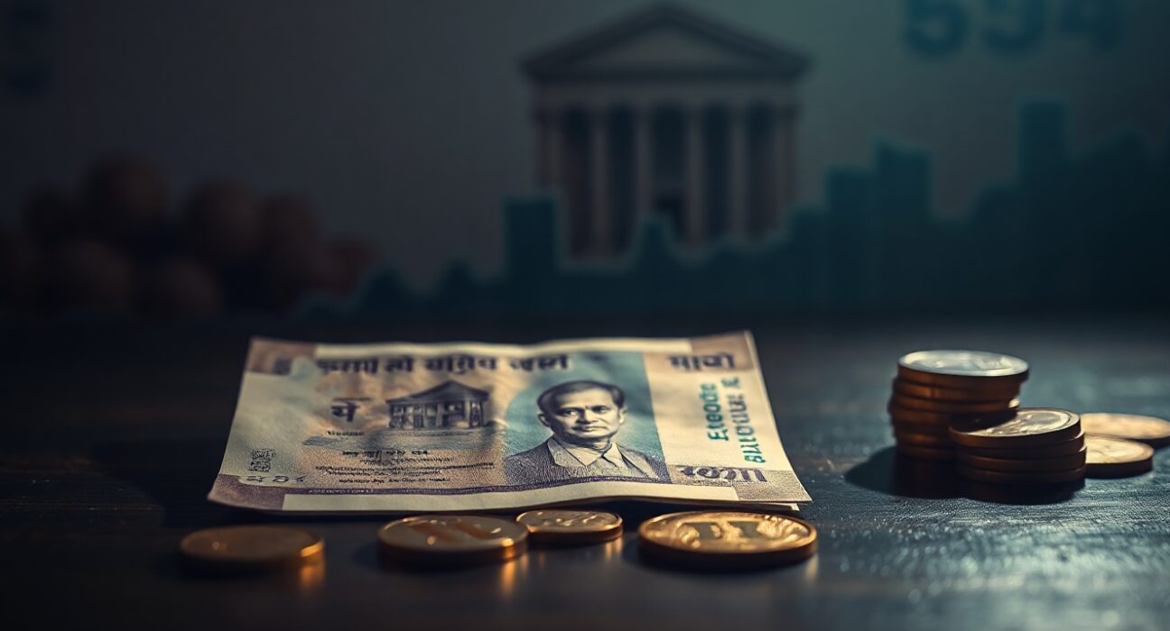 Indian rupee notes and coins on a table with a financial chart and RBI building in the background.