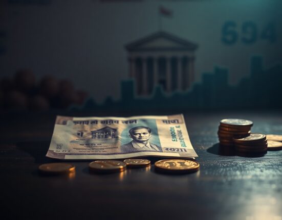 Indian rupee notes and coins on a table with a financial chart and RBI building in the background.