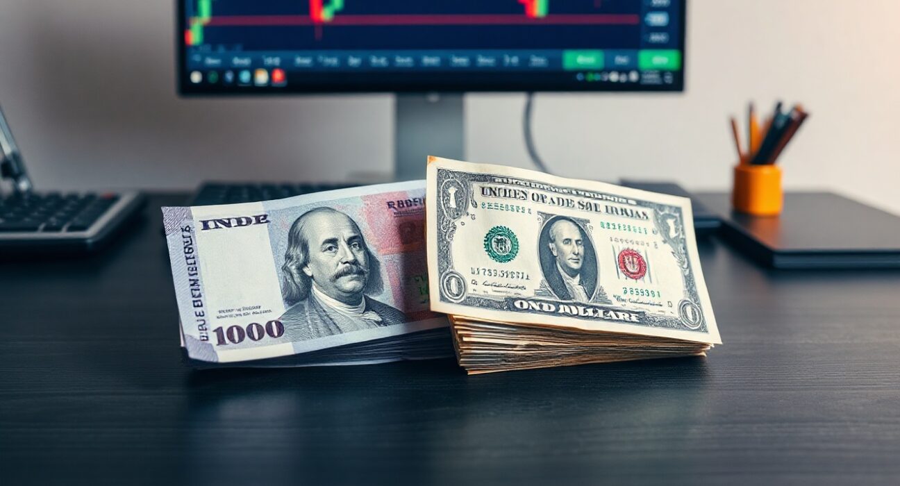 Indian Rupee and US Dollar banknotes on a desk with a forex chart in the background.