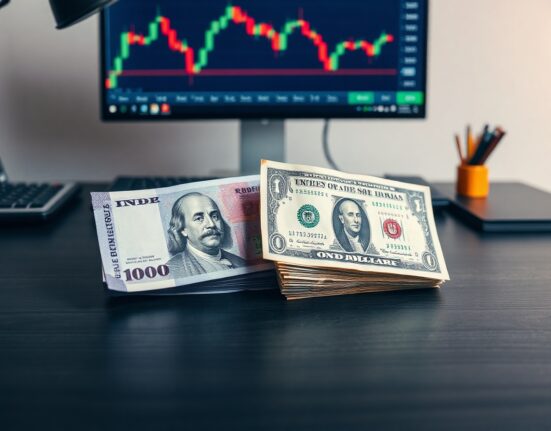 Indian Rupee and US Dollar banknotes on a desk with a forex chart in the background.
