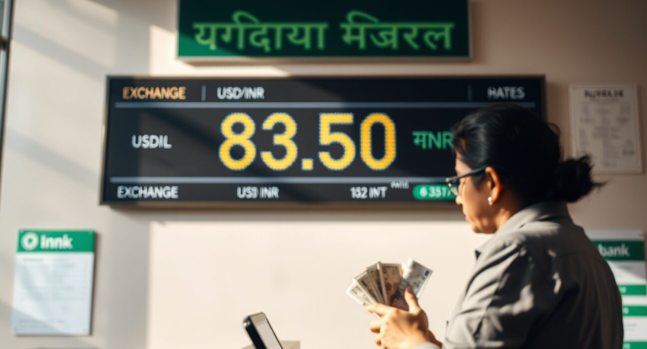 Stack of Indian rupee notes on a desk with a blurred financial news monitor in the background