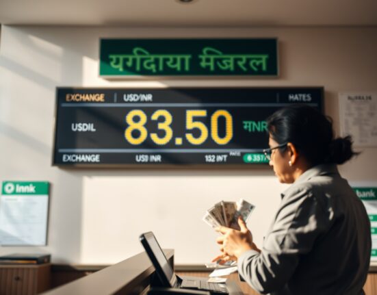 Mumbai bank exchange board showing USD/INR rate as Indian rupee trades flat