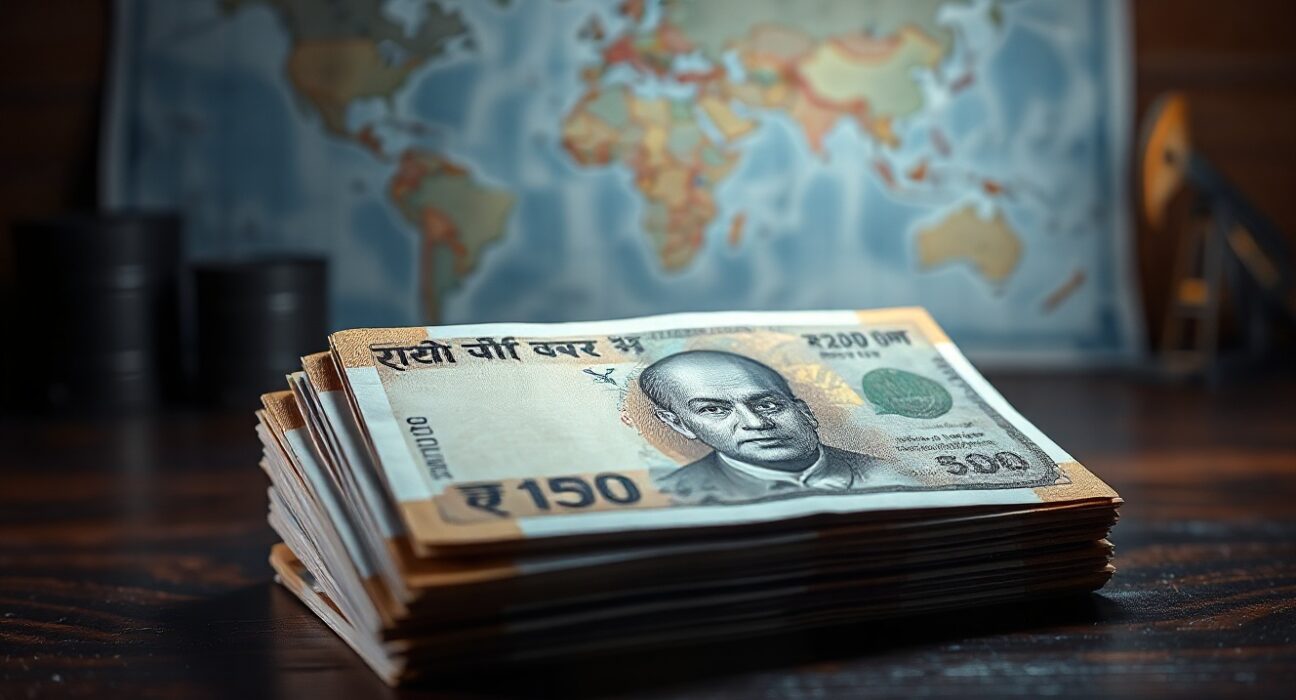 Stack of Indian rupee banknotes on desk with blurred world map and oil barrels in background