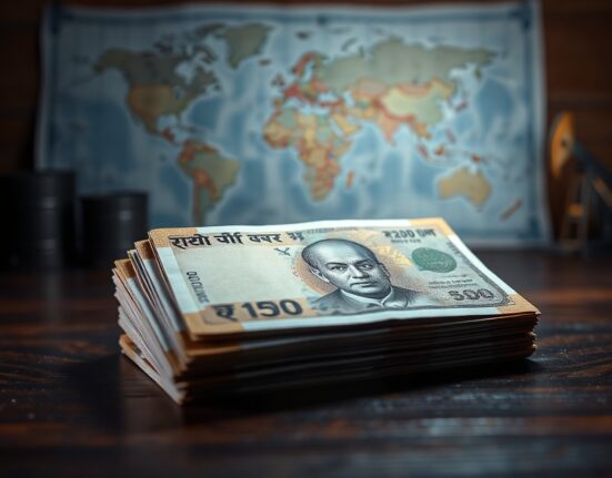 Stack of Indian rupee banknotes on desk with blurred world map and oil barrels in background