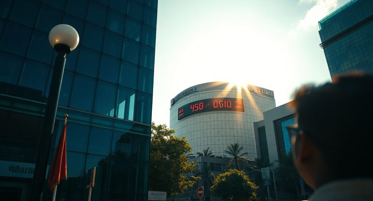 Digital currency exchange board showing USD/INR rate in Mumbai financial district during afternoon