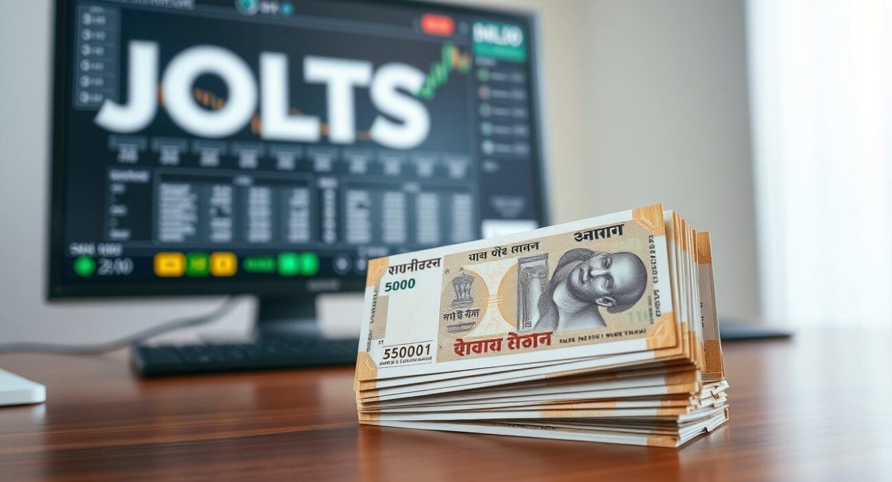 Stack of Indian rupee banknotes on a desk with a blurred financial chart in the background