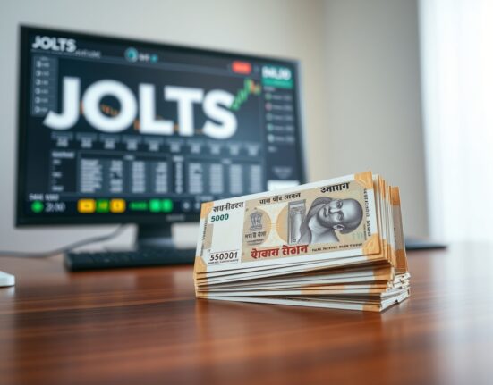 Stack of Indian rupee banknotes on a desk with a blurred financial chart in the background