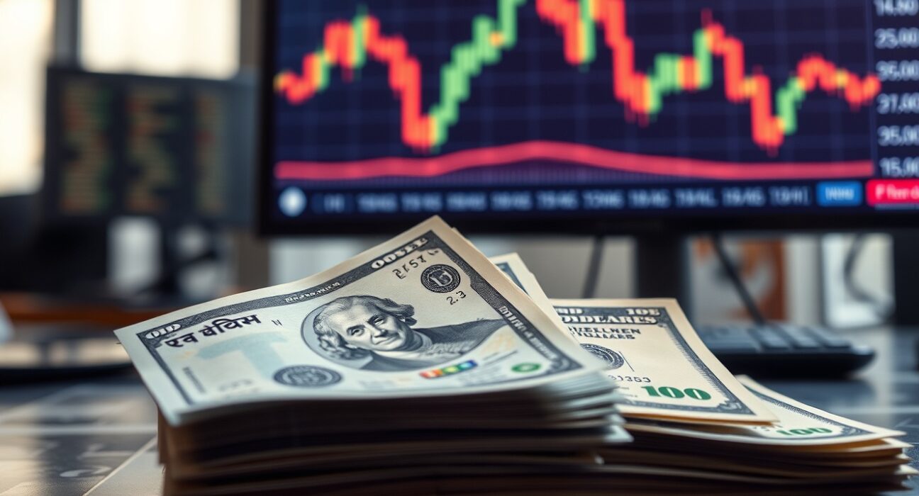 Indian rupee and US dollar banknotes with a forex chart in the background, representing currency market dynamics.