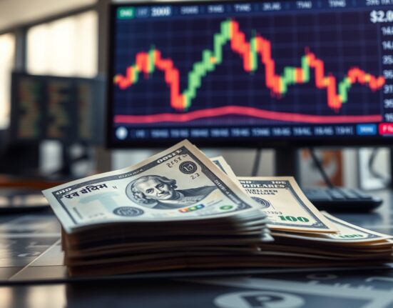 Indian rupee and US dollar banknotes with a forex chart in the background, representing currency market dynamics.