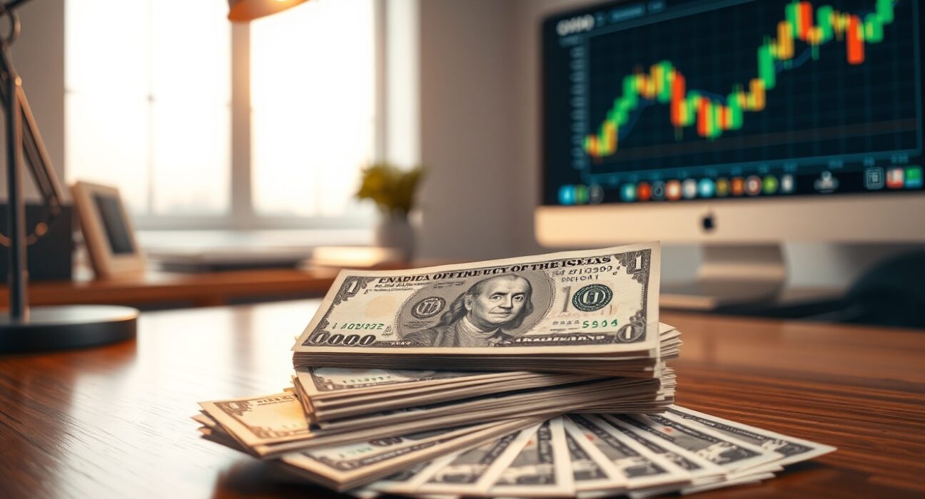 Stack of Indian Rupee notes and US Dollar bills on a desk with a lamp and blurred monitor background