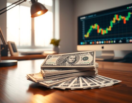 Stack of Indian Rupee notes and US Dollar bills on a desk with a lamp and blurred monitor background