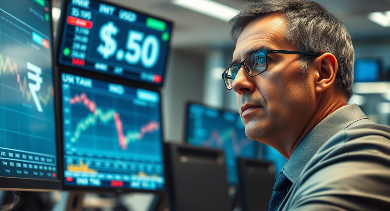 Financial analyst monitors currency exchange charts showing Indian Rupee and US Dollar data in a professional newsroom setting.