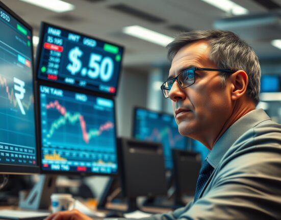Financial analyst monitors currency exchange charts showing Indian Rupee and US Dollar data in a professional newsroom setting.