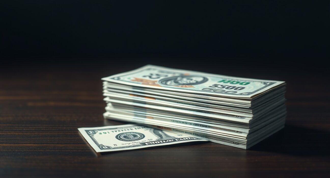 Stack of Indian rupee banknotes with a US dollar bill underneath, representing currency pressure from foreign outflows.