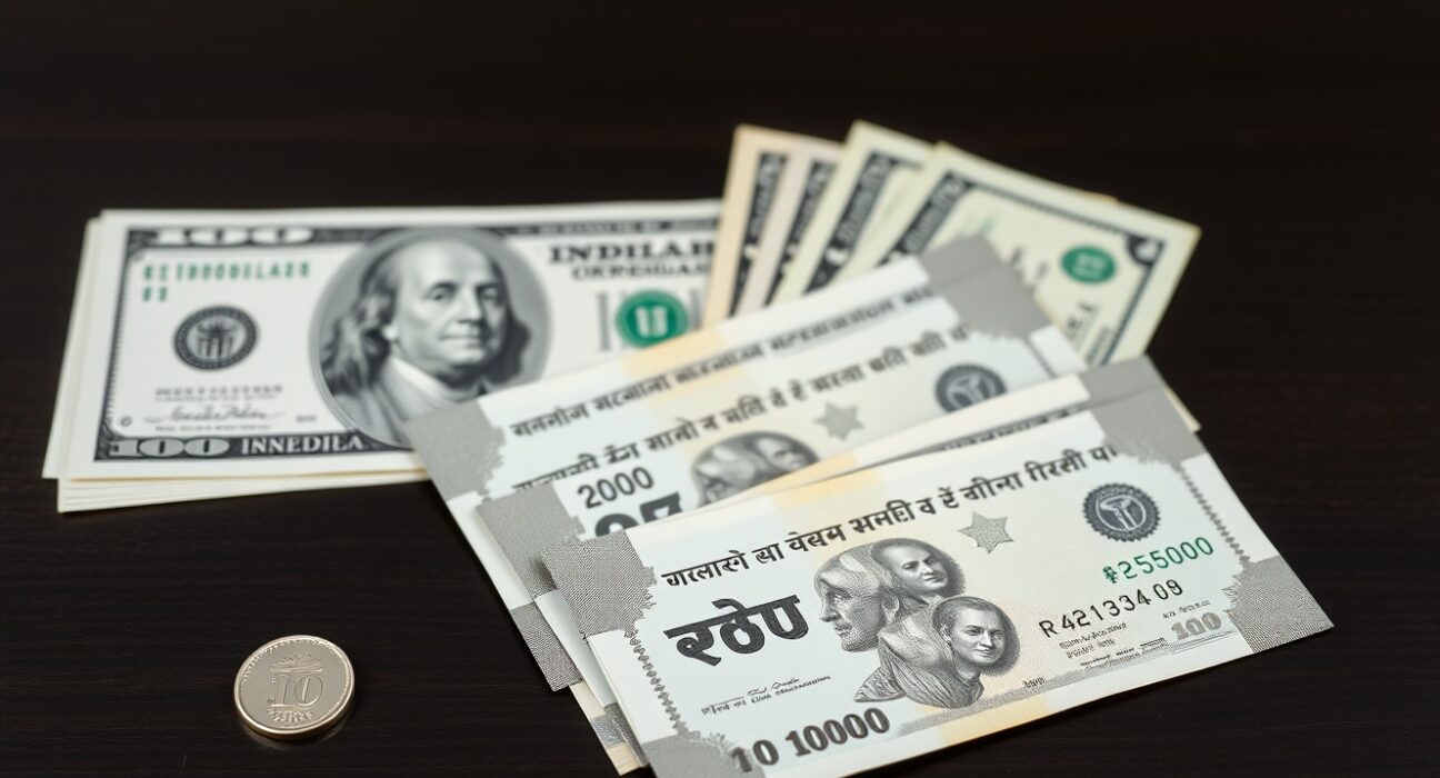 Indian Rupee and US Dollar banknotes arranged on a desk representing currency exchange rate analysis.
