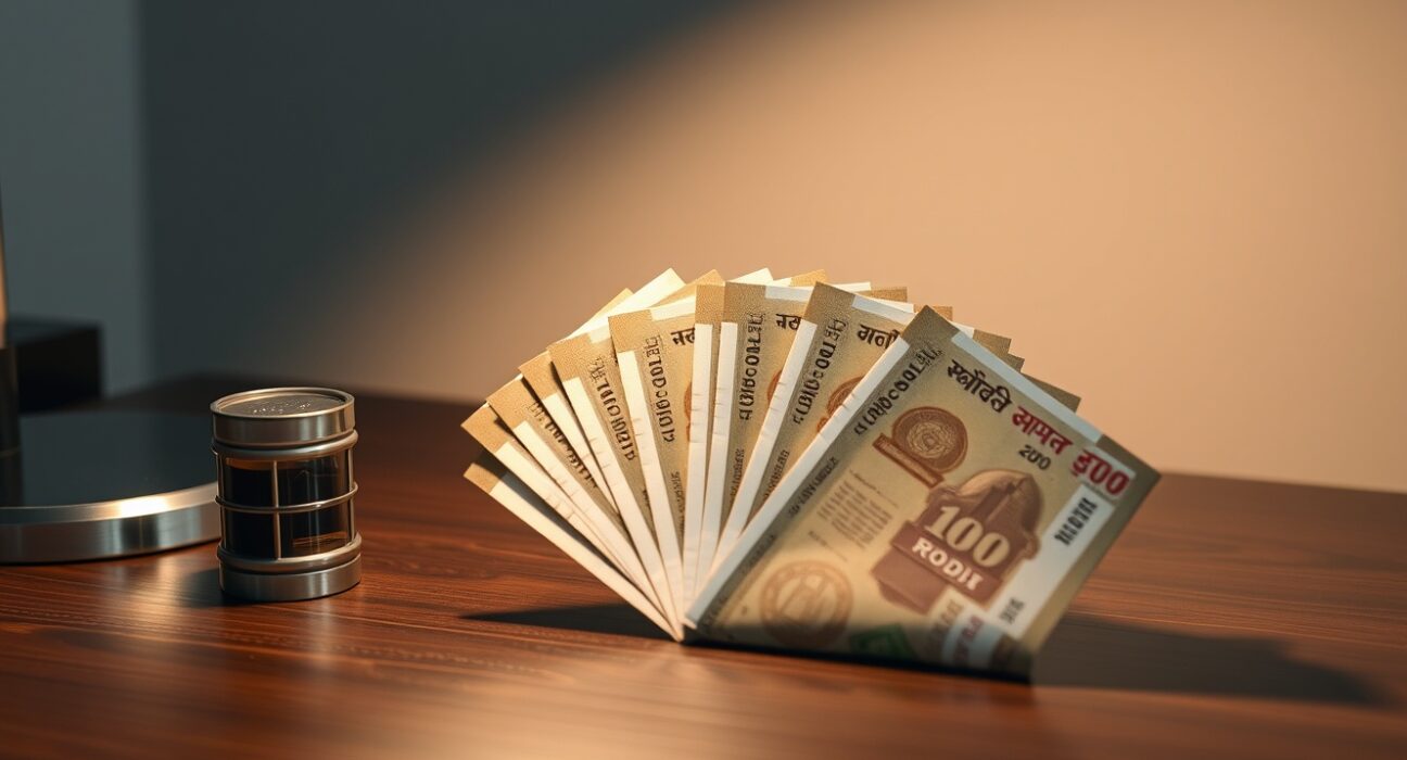 Indian Rupee banknotes arranged with a small oil barrel model, representing currency strength amid falling crude prices.