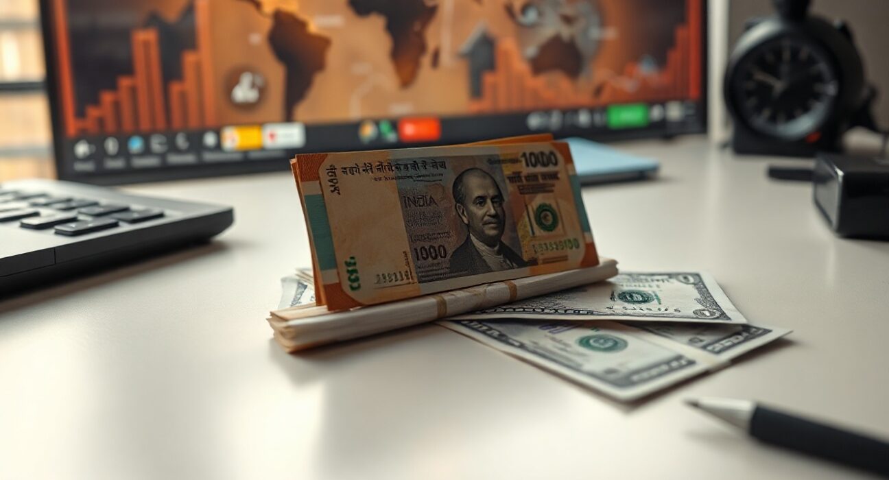 Indian rupee notes and US dollar bills on a desk, representing currency market resilience amid geopolitical tensions.