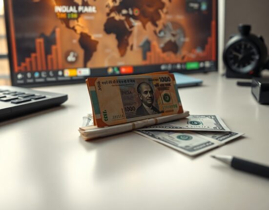 Indian rupee notes and US dollar bills on a desk, representing currency market resilience amid geopolitical tensions.