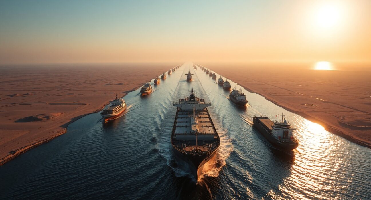 Oil tankers and cargo ships navigating the Strait of Hormuz during resumed energy flows.