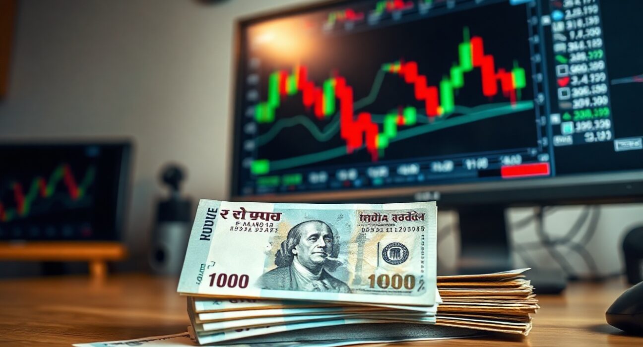 Indian rupee and US dollar notes on a trading desk with forex charts in background