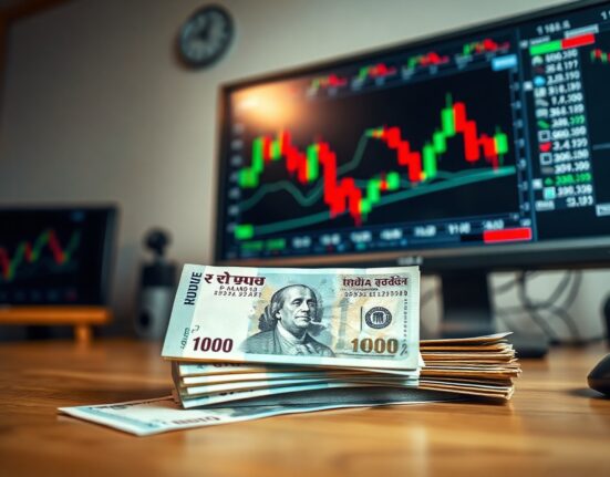 Indian rupee and US dollar notes on a trading desk with forex charts in background