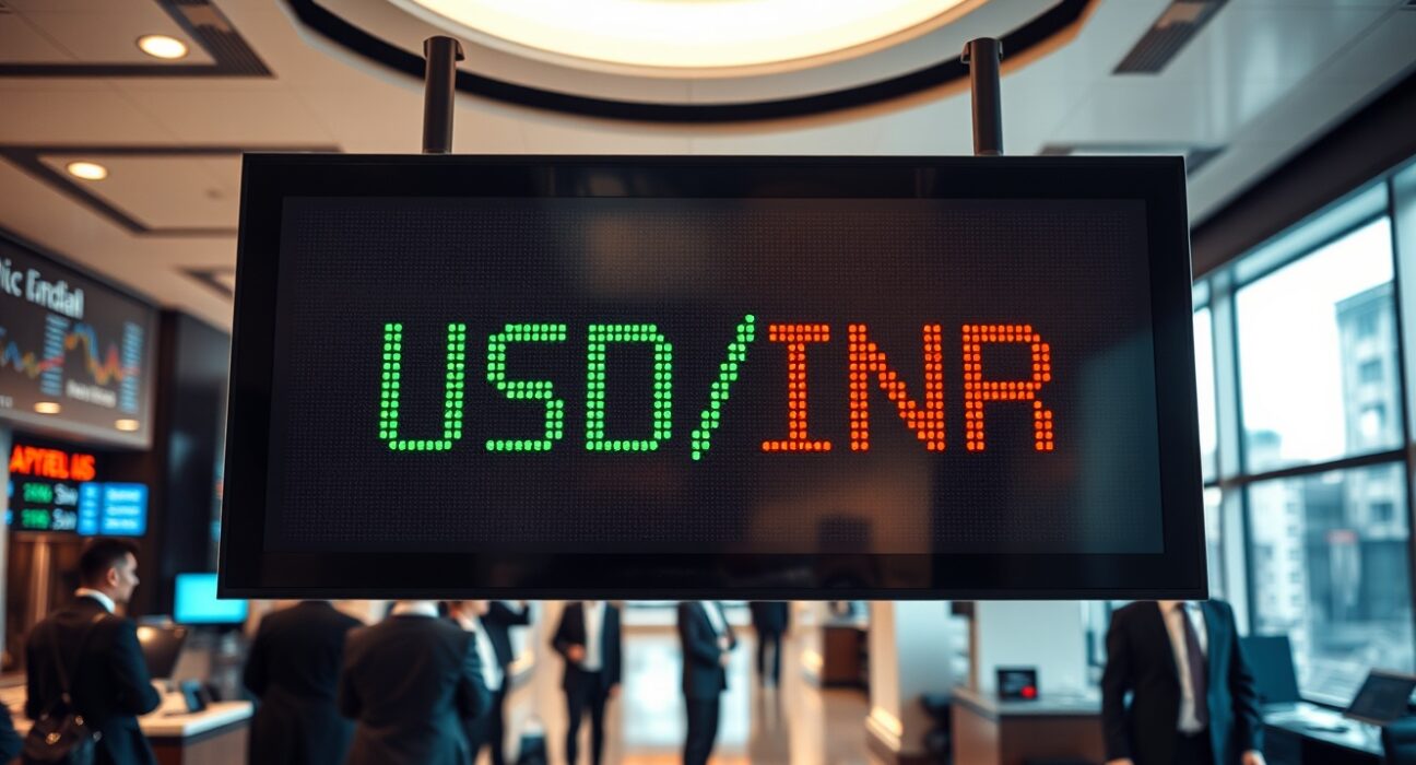 Digital currency exchange board showing USD/INR rate in a Mumbai financial district