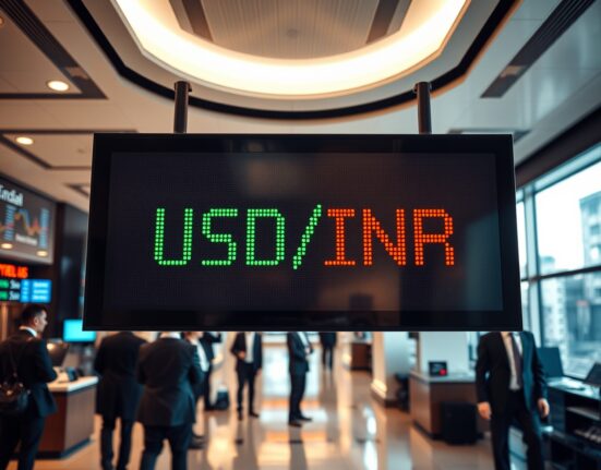 Digital currency exchange board showing USD/INR rate in a Mumbai financial district