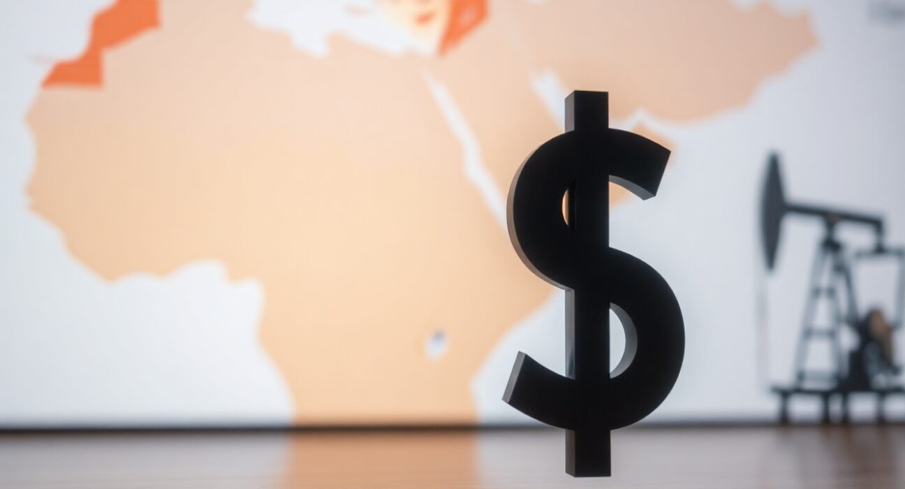 Indian Rupee and US Dollar symbols with blurred Middle East map and oil derricks in background