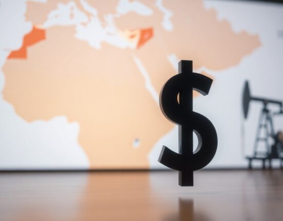 Indian Rupee and US Dollar symbols with blurred Middle East map and oil derricks in background