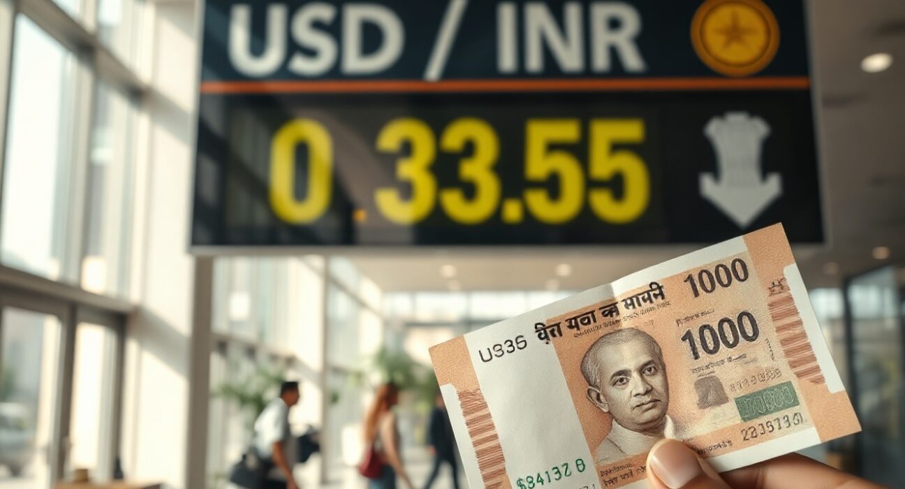 Indian Rupee banknote in foreground with USD/INR exchange board in background