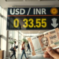Indian Rupee banknote in foreground with USD/INR exchange board in background