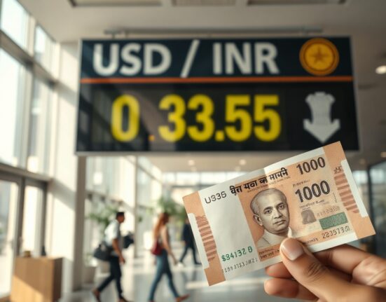 Indian Rupee banknote in foreground with USD/INR exchange board in background