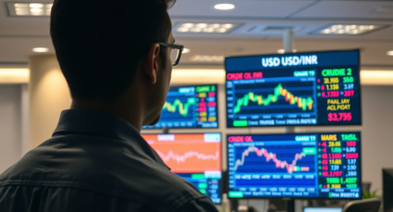Forex trader monitors USD/INR and crude oil price charts in Mumbai trading room
