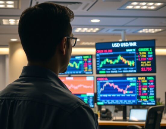 Forex trader monitors USD/INR and crude oil price charts in Mumbai trading room