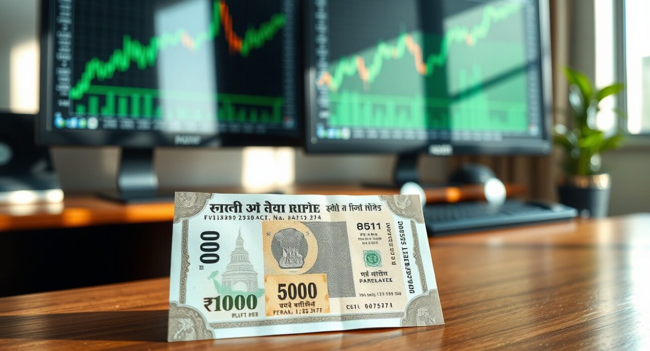 Indian Rupee notes on desk with stock chart showing upward trend in background