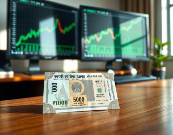 Indian Rupee notes on desk with stock chart showing upward trend in background