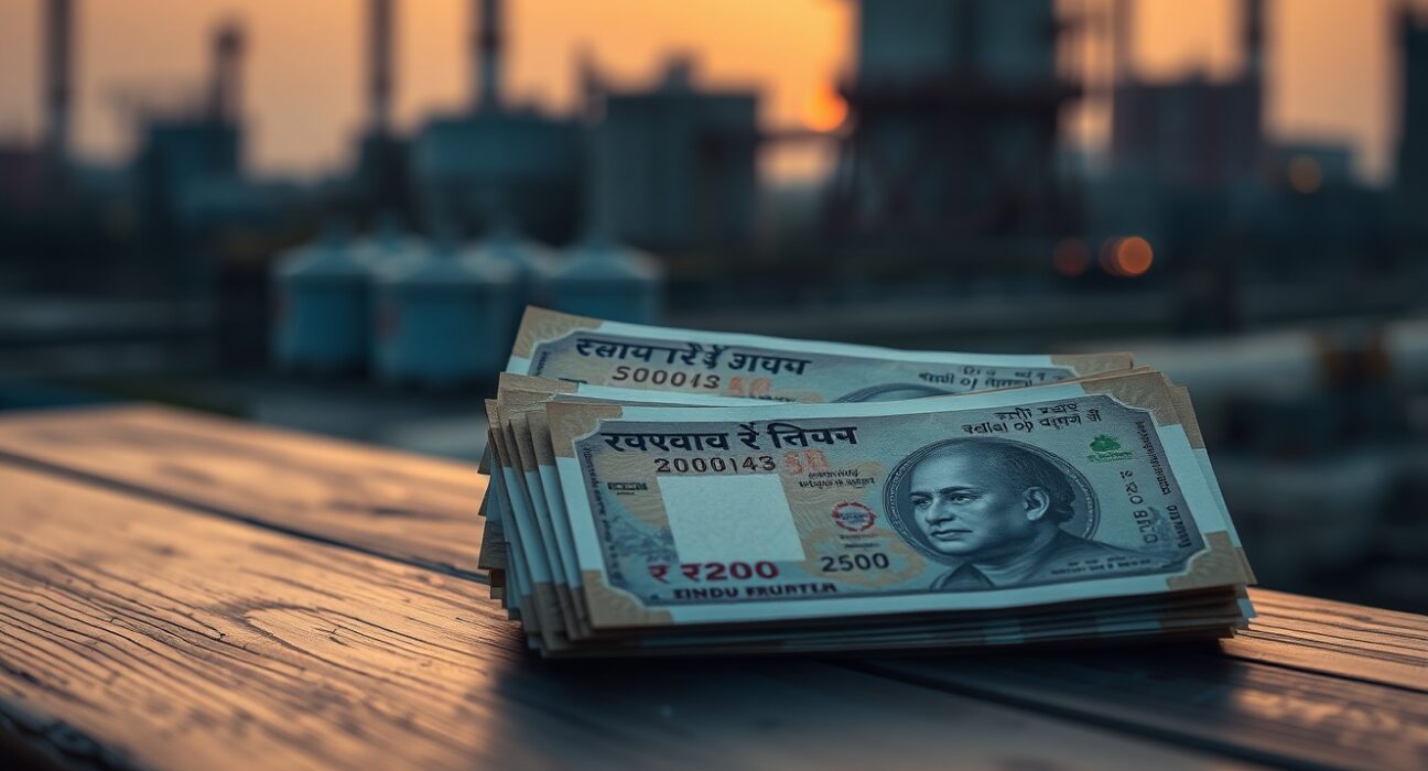 Stack of Indian Rupee banknotes with blurred oil refinery in background representing currency and oil market relationship.