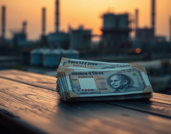 Stack of Indian Rupee banknotes with blurred oil refinery in background representing currency and oil market relationship.