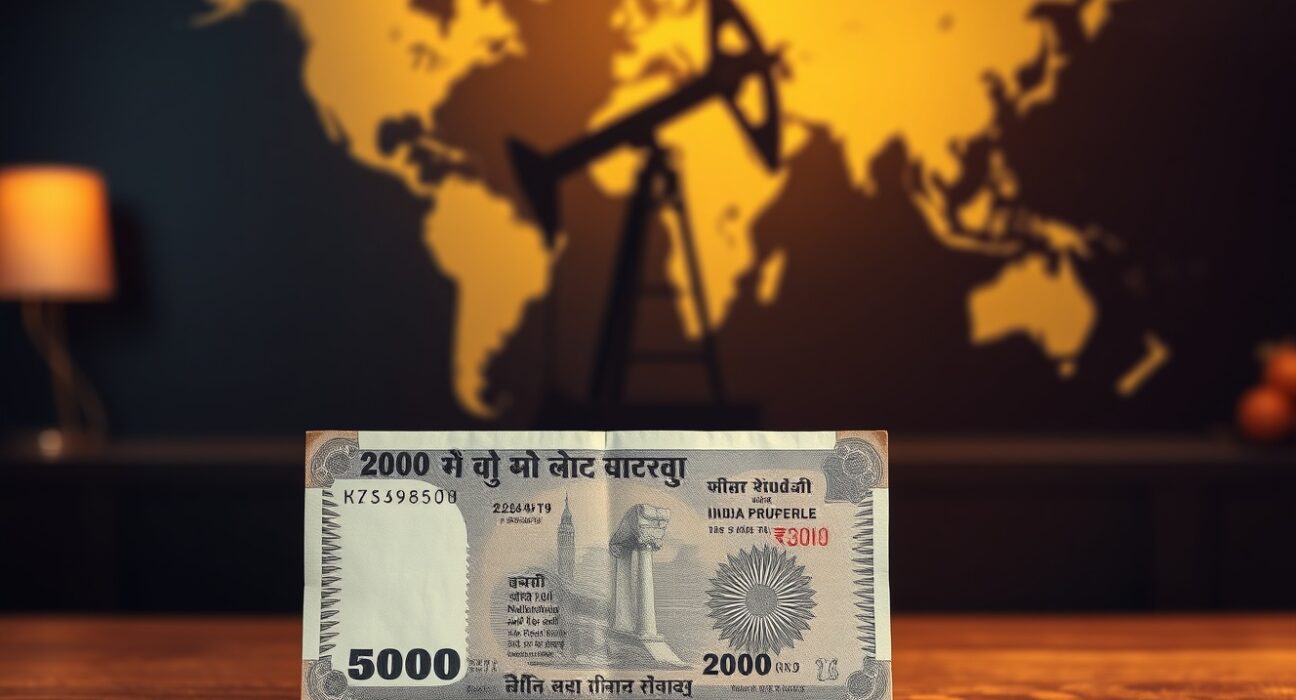 Indian Rupee banknotes with a world map and oil pumpjack in the background, representing currency and energy market dynamics.