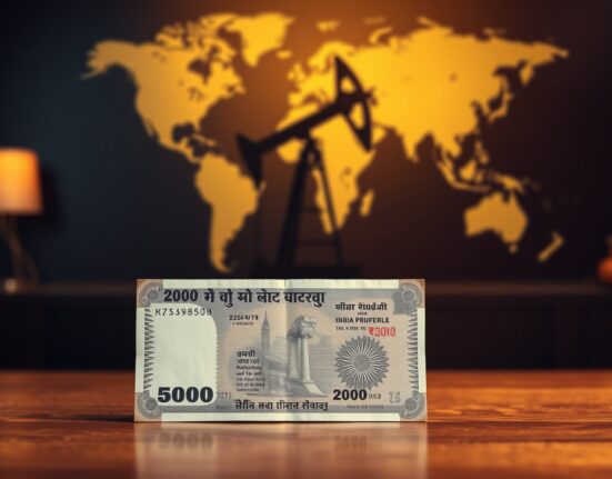 Indian Rupee banknotes with a world map and oil pumpjack in the background, representing currency and energy market dynamics.