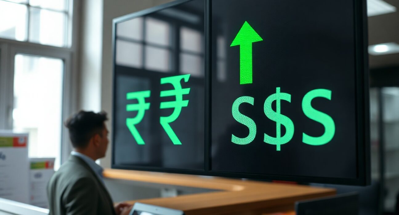 Forex board in Mumbai showing Indian rupee strengthening against US dollar amid lower crude oil prices