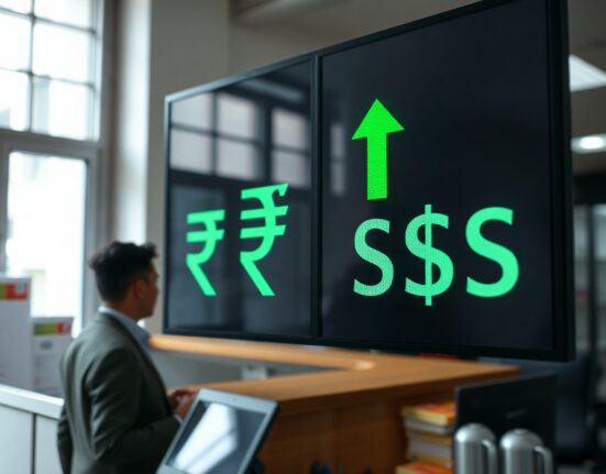 Forex board in Mumbai showing Indian rupee strengthening against US dollar amid lower crude oil prices