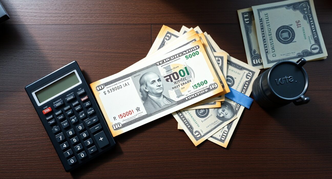 Indian rupee and US dollar notes on a desk with a calculator and oil barrel model