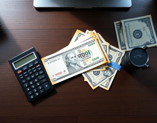 Indian rupee and US dollar notes on a desk with a calculator and oil barrel model