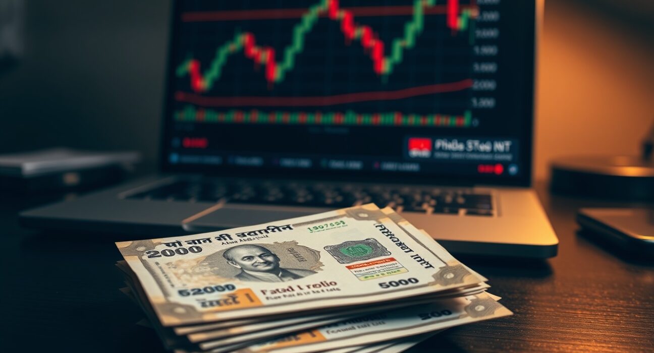 Indian rupee notes and USD/INR chart on a desk representing forex market analysis