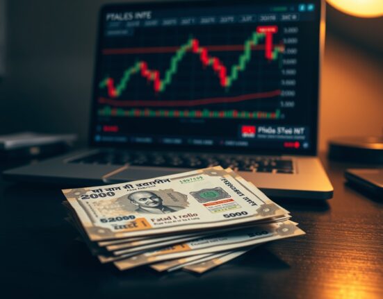 Indian rupee notes and USD/INR chart on a desk representing forex market analysis